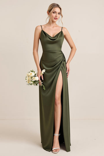 Oliv Fodral Satin Maxi Brudtärna Klänning med Slits